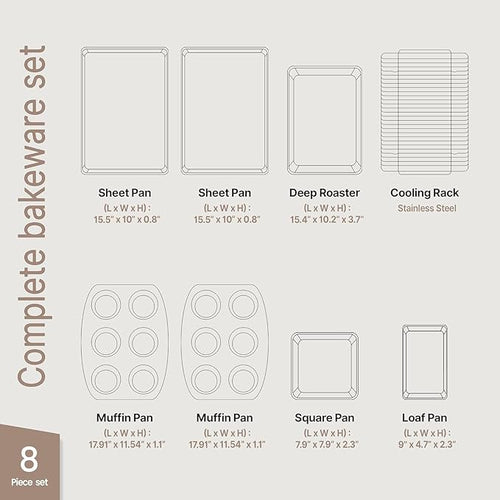 Bakken 8-Piece Ceramic Coated Bakeware Sets, Nonstick Aluminized Steel Pans with Muffin, Loaf, Cake, Roasting Pan, & Cooling Rack, Oven Safe Up To 500°F, Dishwasher Safe, BPA, PTFE & PFAS Free, Teal