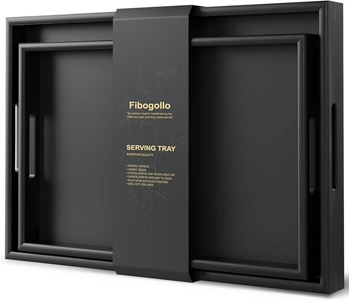 Fibogollo Bamboo Set of 2 Serving Tray with Handles,Decorative Trays Platter,Breakfast Tray in Bed,Food Drinks Tray for Eating,Working,Storing(Black)