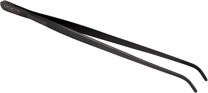 O'Creme Stainless Steel Precision Kitchen Tweezer Tongs with Serrated Tips for Gripping (10" Curved, Black)