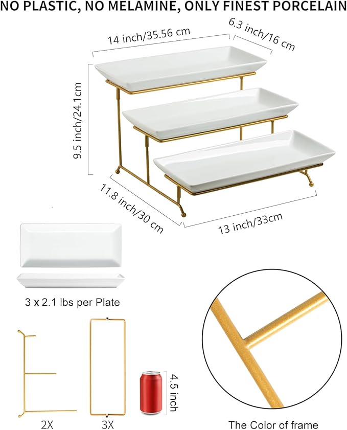 LAUCHUH Large 3 Tier Serving Stand Tiered Serving Trays with Collapsible Sturdier Rack Porcelain Serving Trays and Platters for Fruit Dessert Presentation Mother's Day Party Display Set, 14 Inch