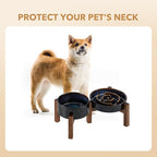 Havniva Ceramic 1.2 Cup Raised Slow Feeder Dog Bowl Set, Elevated 6.1inch Bowl and 7.3inch Dish with Acacia Wood Stand for Small and Medium Dog(2 x Starry Sky+ Stand)