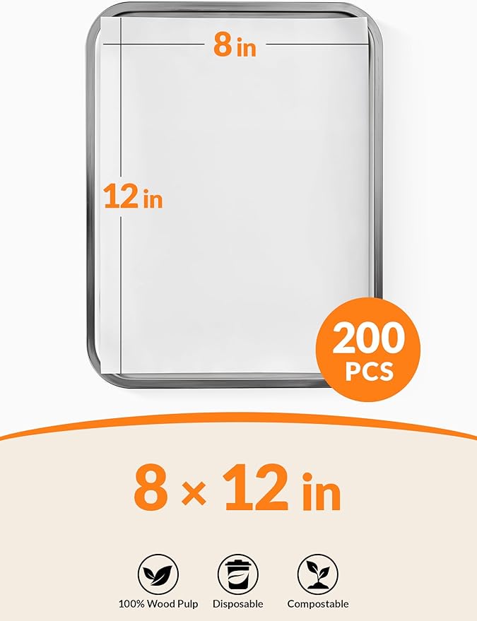 SMARTAKE 200 Pcs Parchment Paper Baking Sheets, 8x12 Inch Non-Stick Precut Baking Parchment, Suitable for Baking Grilling Air Fryer Steaming Bread Cup Cake Cookie and More (White)