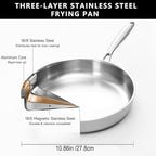 Tri-ply Stainless Steel Frying Pan 10 Inch Skillet for Chef's Cooking Pan Induction Oven Dishwasher Safe, Compatible with All Cooktops Up to 600℉ Come with Kitchen Tongs(Detachable Handle)