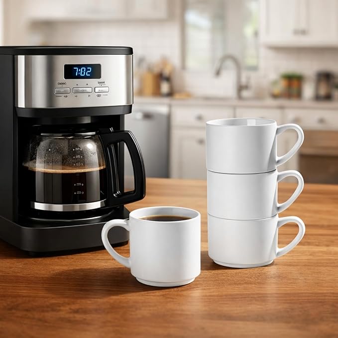 GBhome 14 OZ Coffee Mugs Set of 6, Stackable Ceramic Mugs for Men, Women, Modern Coffee Mugs With Stable Base for Latte, Tea, Cappuccino. Dishwasher & Microwave Safe, Matte White