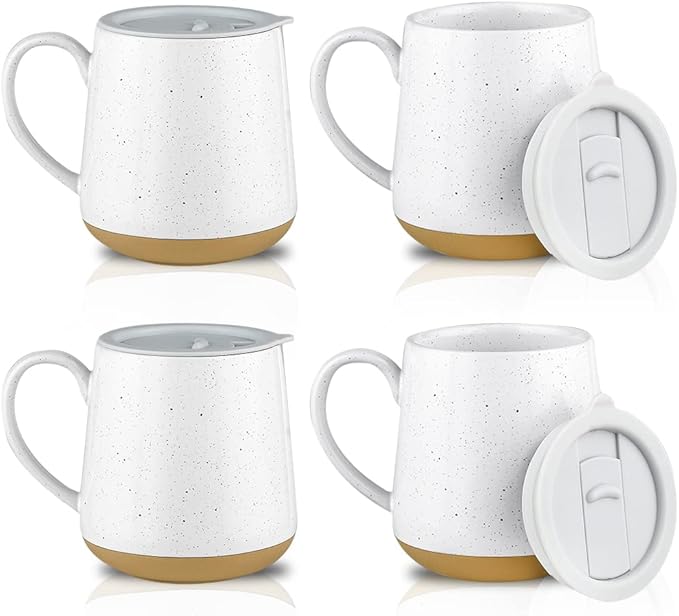 HVH Ceramic Coffee Mug With Lid, 17oz Set of 4, Large Handle Cups for Tea and More, Farmhouse Style (White)