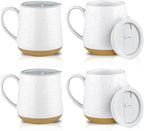 HVH Ceramic Coffee Mug With Lid, 17oz Set of 4, Large Handle Cups for Tea and More, Farmhouse Style (White)