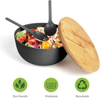 ShineMe Black Salad Bowl Set, 9.8inches Large Bamboo Fiber Salad Bowl With Lid and Utensils(Spoon & Fork), Solid Mixing Bowl For Serving Pasta, Fruits, Vegetables, Bread and Halloween Candy