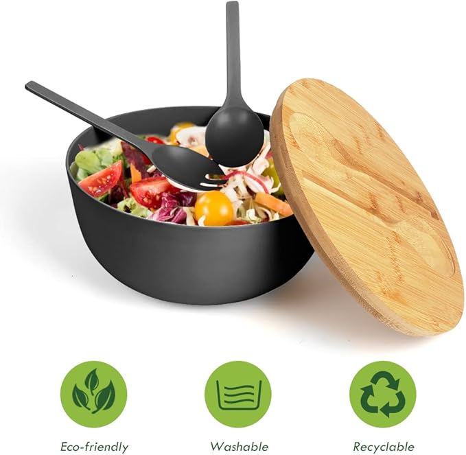 ShineMe Black Salad Bowl Set, 9.8inches Large Bamboo Fiber Salad Bowl With Lid and Utensils(Spoon & Fork), Solid Mixing Bowl For Serving Pasta, Fruits, Vegetables, Bread and Halloween Candy