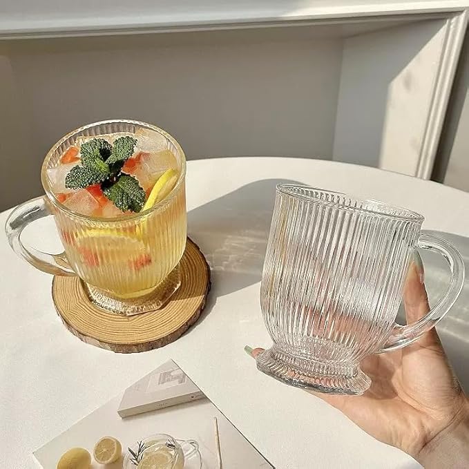 Large Ribbed Glass Coffee Mugs Set of 4,16 Oz Clear Espresso Mugs with Spoon, Glass Diner Cups with Handle Diner Latte Cup with Footed Base for Hot Beverages,Cappuccino Cups, Stylish Drinkware