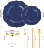 bUCLA 180PCS Blue Plastic Plates - Navy Blue and Gold Rim Disposable Include 30 Each (Dinner & Dessert) Plates, 30 Knives, 30 Forks, 30 Spoons and 30 Cups, Ideal for Party, Gathering & Graduation
