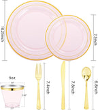 WELLIFE 350Pcs Clear-Pink Plastic Dinnerware- Pink and Gold Plastic Dinnerware include 50 Dinner Plates, 50 Dessert Plates, 150 Gold Silverware, 50 Cups and 50 Napkins Perfect for Parties