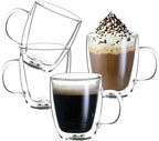 Wlasss Double Wall Insulated Glass Coffee Mugs set of 4-13 oz Clear Hand Blown Glass Coffee Cups with Handle for Cappuccino, Latte,Espresso,Tea Bags,Americano,Beverages, Gifts for Christmas