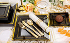 Festiva 350Pcs Black and Gold Plastic Plates-50Guests Disposable Square Black Dinnerware Set include 100 Plastic Plates,50Cups,150Plastic Cutlery,50Napkins for Party &Wedding&New Year