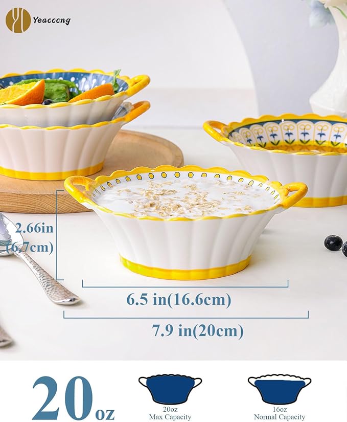 Yeacccng Bohemian Soup Bowls with Handles Set of 4, 20 Oz Indented Grooved Ceramic Bowls, 6.5 Inch French Onion Soup Bowls, Lead-Free, Scratch-Resistant, Oven/Microwave Safe