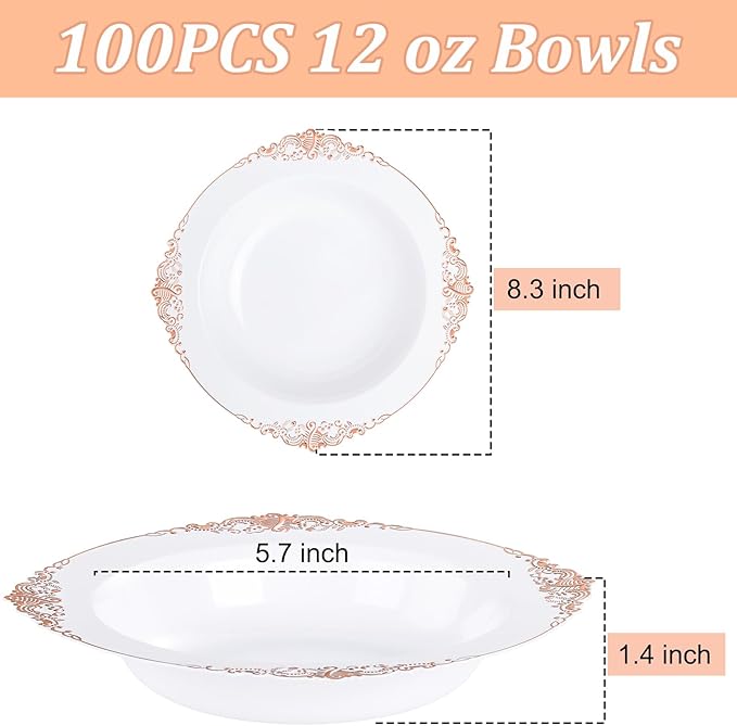 100PCS Rose Gold Plastic Bowls - 12 oz Disposable Salad Bowls - Heavy Duty Disposable Soup Bowl - Fancy Plastic Ice Cream Bowl for Weddings Parties Catering Picnics Mother‘s Day