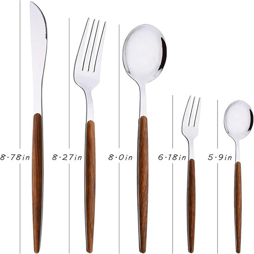 30-Piece Stainless Steel Silverware Set, Silver Mirror Polished Flatware Cutlery Set for 6, Tableware Eating Utensils Set for Home Restaurant Wedding, Dishwasher Safe (Wooden Effect Handle)