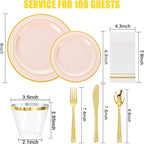 GATHER 700PCS Pink Plastic Plates - Gold Rim Disposable Plastic Dinnerware Set Include 200 Pink Plates, 300 Silverware, 100 Napkins, 100 Cups for Party & Wedding & Mother's Day