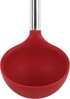 Tovolo Silicone Cooking Utensil Set of 6 Stainless Steel Handle Ladle Slotted Turner Tongs Flex Core Spatula Scraper Mixing Spoon & Potato Masher, Dishwasher Safe BPA Free Utensils, Cayenne Red