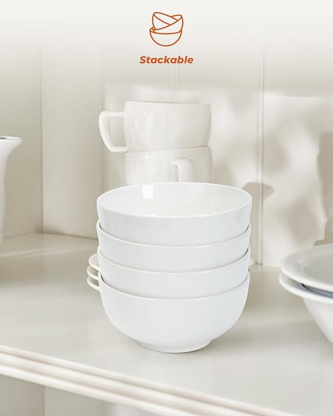 Quatish 6-Piece Cereal Bowls,Soup Bowl for Kitchen,Durable and Easy to Clean Ceramic Bowls,Microwave & Dishwasher Safe, Ideal for Ramen,Salad,Rice,Snacks and Desserts(24 OZ, White)