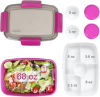 Caperci Large Salad Container Bowl for Lunch - Better Adult Bento Lunch Box 68 oz, 5-Compartment Tray, 2pcs 3-oz Sauce Cups, Stackable, BPA-Free (Purple)