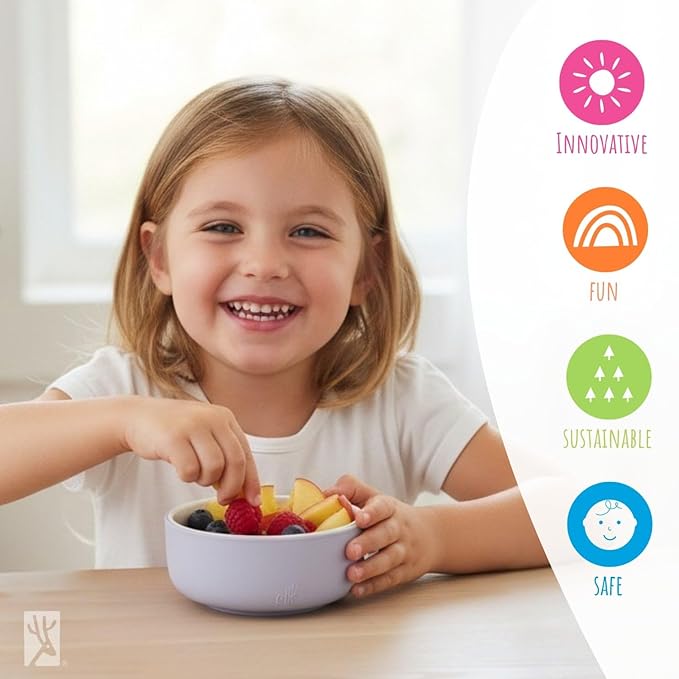 Elk and Friends Kids Porcelain Bowls with Silicone Suction Sleeves | Lids Included | Suitable for Babies/Toddlers | Microwave & Dishwasher Safe | Stay Put Dinnerware | Snack Dishes | 4 Pack