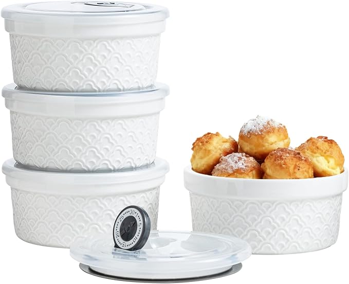 Ramekins 12 oz with Lids Oven Safe, Creme Brulee Ramekins with Covers, Ceramic Small Baking Dishes Set of 4, Souffle Dishes Bowls - Microwave and Dishwasher Safe, White Cloud