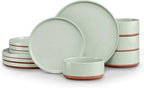 LIANYU 12 Piece Dinnerware Sets for 4, Modern Style Stoneware Dinnerware Set, Scratch Resistant, Dishwasher Safe Bowl and Plate Sets, Ceramic Dish Dinner Set, Laurel Green