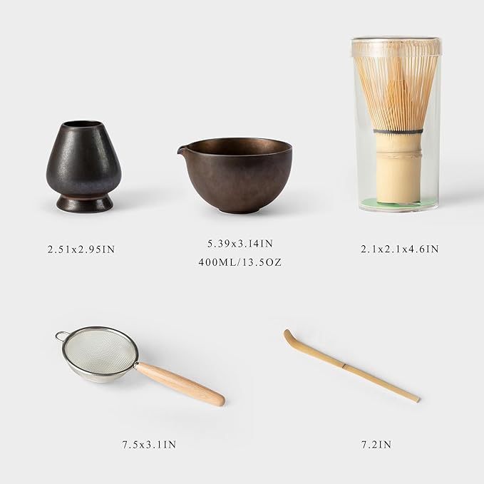 Matcha Whisk Set, Matcha Set with Ceramic Matcha Bowl, Bamboo Whisk & Holder, Sifter, Tea Scoop (Black Gold)