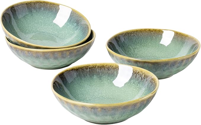 Henten Home Ceramic Soup Bowl Set, 25 oz Cereal Bowls Set of 4, Porcelain Salad Bowls Set, Stoneware Serving Bowls for Kitchen, Microwave& Dishwasher Safe, Reactive Glaze (Green)