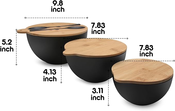 ECOWAY Salad Bowls Set of 3 with Seal Lid & Serving Utensils, Bamboo Fiber Mixing Bowls Set Large Serving Bowls & Storage Set with Bamboo Lid for Salad, Kitchen Eating, Pasta, Popcorn, Fruit, Black