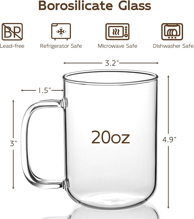 Glass Coffee Mugs, 20 oz Ice Coffee Cups Set of 6, Large Clear Tea Cups, Glass Mugs with Handles for Hot Beverages, Glass Cups for Latte, Cappuccino, and Tea