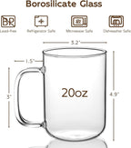 Glass Coffee Mugs, 20 oz Ice Coffee Cups Set of 6, Large Clear Tea Cups, Glass Mugs with Handles for Hot Beverages, Glass Cups for Latte, Cappuccino, and Tea