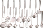 18/10 Stainless Steel Cooking Utensils Set - 16 PCS All Metal Small & Large Kitchen Spoons, Serving Utensils - Whisk, Masher, Fork, Tongs, Solid/Slotted Spoon, Spatula, Turner, Ladle, Skimmer, Pasta