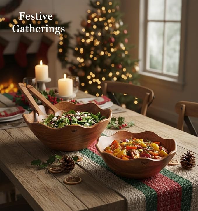 Melvvi Large Wooden Salad Bowl Set of 2 with 2 Serving Utensils | 10" &12 inch Extra Large Acacia Wood Serving Bowls | Great gift for mothers (Natural Set of 4)