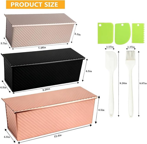 3 Pack Set Pullman Loaf Pan with Lids, 2.2 lb & 1 lb & 0.8 lb Dough Capacity,Non-Stick Sandwich Bread Loaf Pan for Homemade Baking Bread