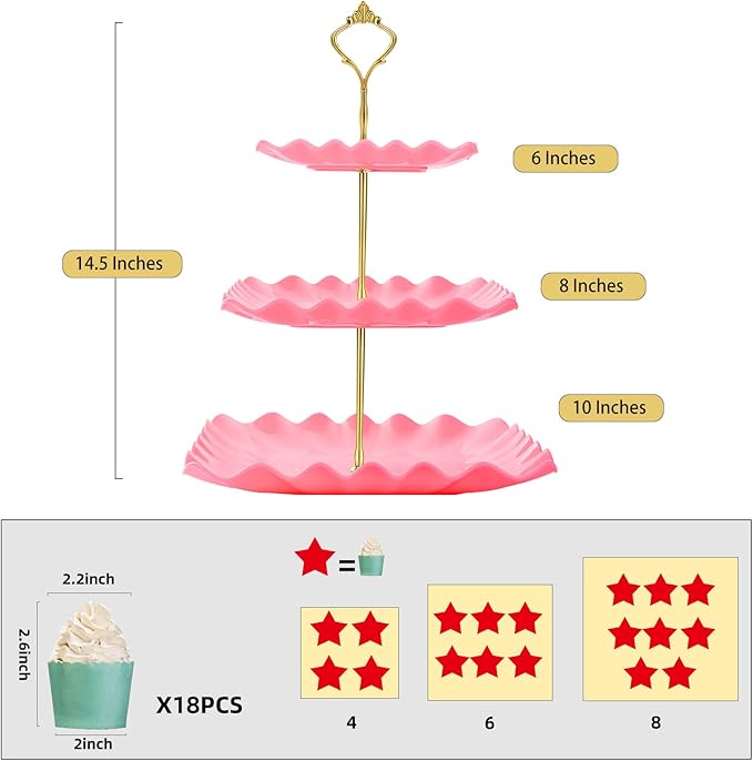 DAFURIET Dessert Cupcake Stand, 3 Tier Cup Cake Holder Tower for Tea Party/Birthday/Wedding, Plastic Tiered Serving Tray with Metal Rod, Pink
