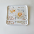 Large Serving Platter Melamine Trays 2 Pack Stackable Food Tray with Floral Print for Gift, Party, Decor, Home, Restaurant (Gold Rose, Large)
