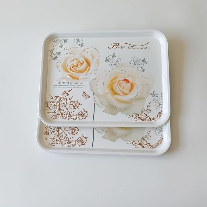 Large Serving Platter Melamine Trays 2 Pack Stackable Food Tray with Floral Print for Gift, Party, Decor, Home, Restaurant (Gold Rose, Large)