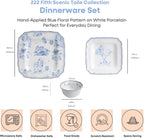 222 Fifth 12-Piece Porcelain Dinnerware Set for 4, Glossy White Plates and Bowls Set with Blue Decal, Elegant Square Ceramic Dish Set, Kitchen Tableware, Microwave & Dishwasher Safe, Scenic Toile