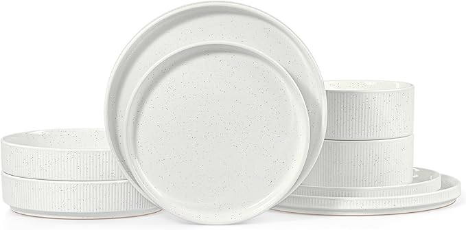 LIANYU Dinnerware Plates and Bowls Dishes Set, 8 Piece Stoneware Sets with Pasta Bowls for 2, Ribbed Ceramic Kitchen Dishware for Home, Microwave and Dishwasher Safe, Speckled White