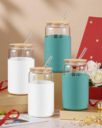 sungwoo Glass Cups with Lids and Straws, 4 Pack 16OZ Iced Coffee Cups with Silicone Sleeve, Glass Tumbler with Straw and Bamboo Lid, Home Essential Drinking Set for Juice, Cocktail and Tea White&Green