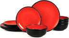 TP 12-Piece Melamine Dinnerware Sets, Plates and Bowls Dishes Set for 4, Break-Resistant & Non-Microwavable, Lightweight Dinner Plates, Glossy Black and Red