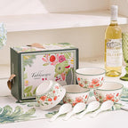 Premium Ceramic Dinnerware Set – Floral Bowls & Plates Set, Elegant Hand-Painted Design, Microwave Safe, Ideal for Wedding/Housewarming/Corporate Gifts (Blossoms, 4*bowls+spoons)