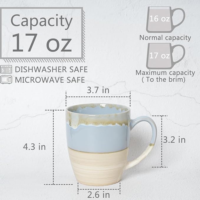 Bosmarlin Ceramic Coffee Mug Set of 4, 16 Oz, 5 Colors to Choose, Tea Cups, Dishwasher and Microwave Safe, Reactive Glaze (Light Blue)
