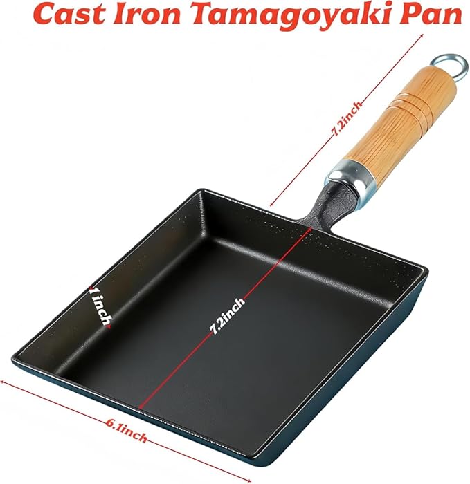 Tamagoyaki Pan, Cast Iron Japanese Omelette Pan for Breakfast, Perfect Rolled Eggs - Rectangular Egg Skillet for Gas & Induction Stovetops - Naturally Nonstick Surface When Seasoned, 7.2 x 6.1 inches