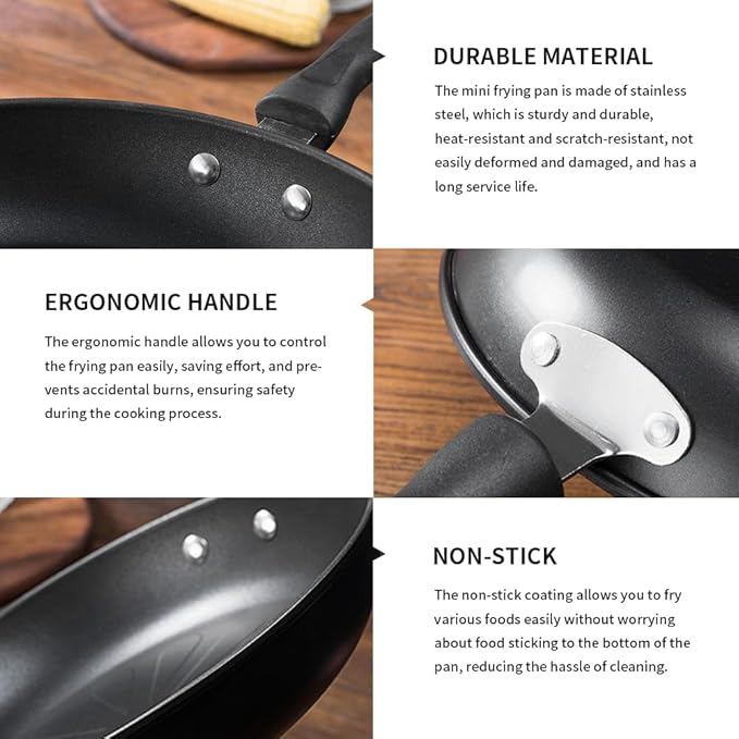 4.92 Inch Non Stick Omelette Mini Frying Pan for One Egg, Easy Clean Round Small Pan with Ergonomic Handle, Stainless Steel Heat Resista-nt Non Stick Pot for Single Eggs Pancakes