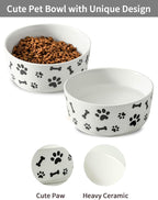 UBEE Ceramic Dog Bowl Set of 2, 6.5 inch Dog Food Bowl Dish with Bone Paw Pattern, Pet Food Water Dish Feeding for Small and Meidum Dogs and Large Cat, White