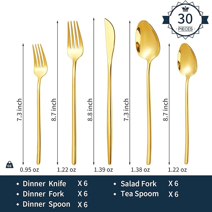30-Piece Silverware set for 6, Premium 18/10 Stainless Steel Flatware Cutlery Set, Luxury Eating Utensils Set Include Spoons Forks & Knives, Mirror Polished, Dishwasher Safe (Gold)