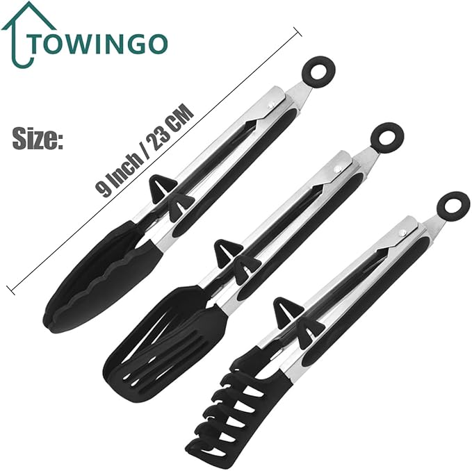 Kitchen Tongs, 9 Inch Tongs for Cooking with Silicone Tips, Food Grade Small Silicone Tong, Mini Serving Tongs for Nonstick Pans, BBQ, Salad, Set of 3, Black