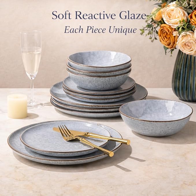 AmorArc Ceramic Dinnerware Sets,Handmade Reactive Glaze Stoneware Plates and Bowls Sets,Highly Scratch Resistant | Dishwasher & Microwave Safe Dishes Set,Service for 4 (12pc)